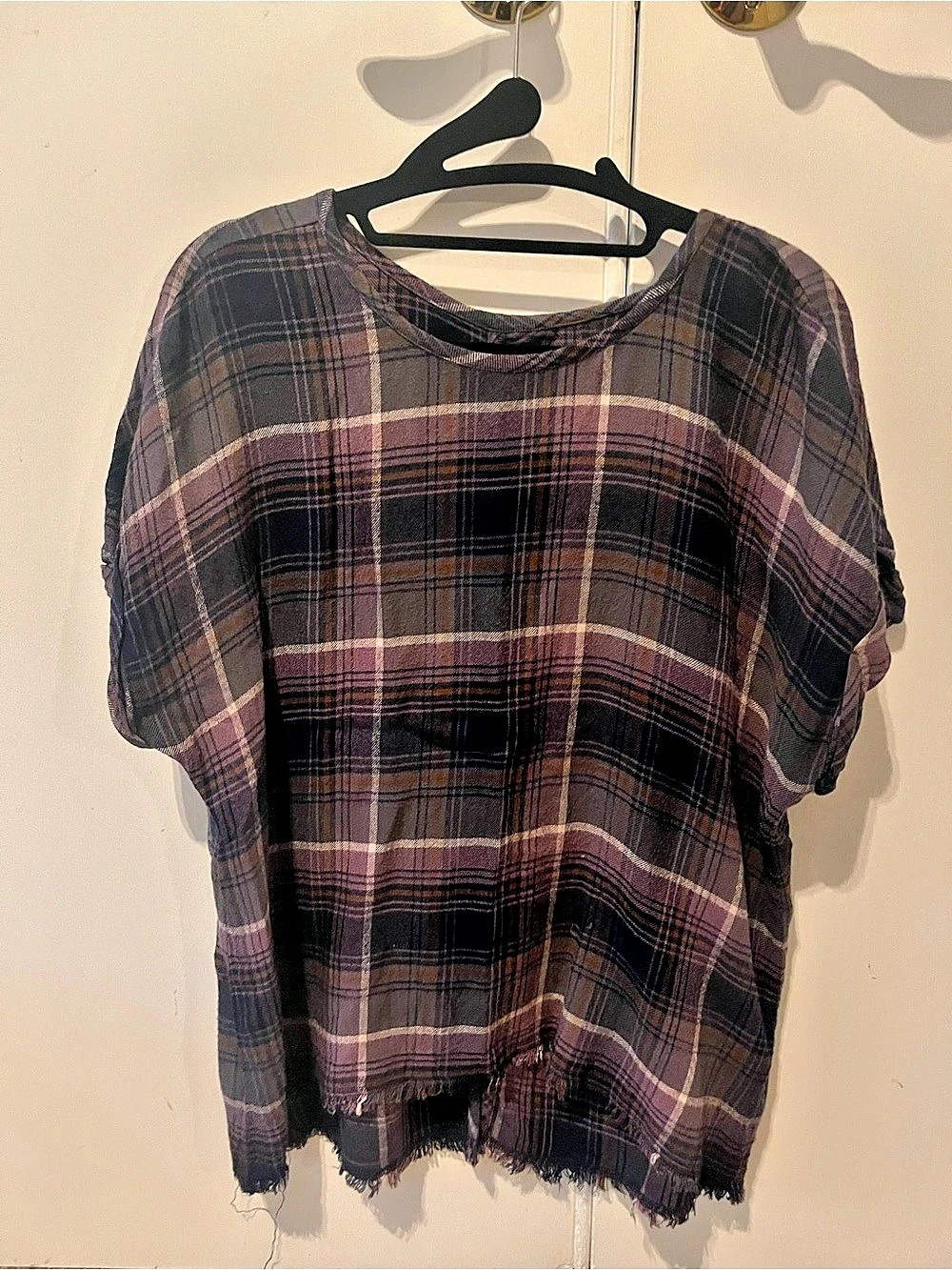 cloth & stone Plaid Button Front Top in Purple & Black Size Medium